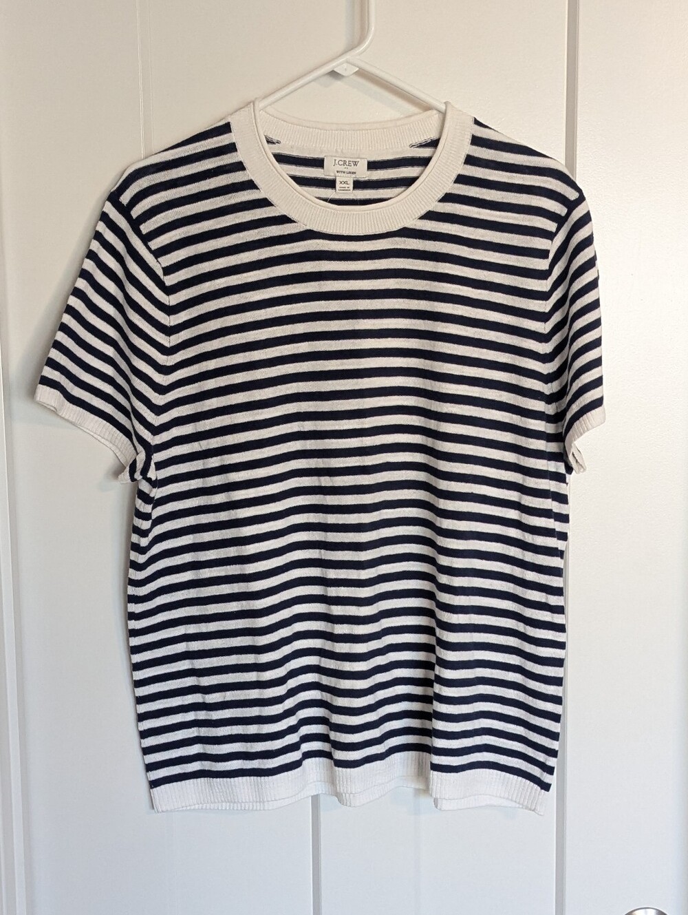 J Crew Factory With Linen Stripe Crew Neck Short Sleeve - Navy and White sz XXL